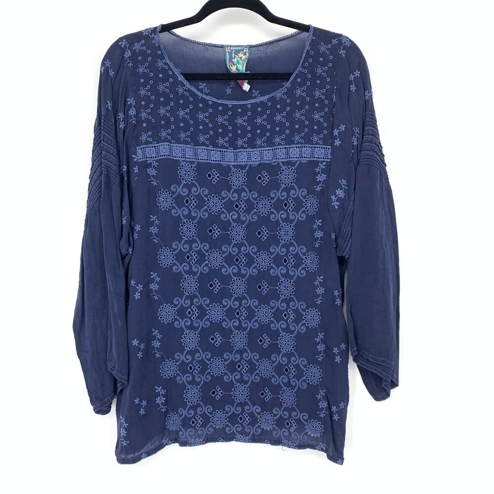 Johnny Was Blouse Womens L Blue Tonal Embroidered Boho Relaxed Long Sleeve Top
